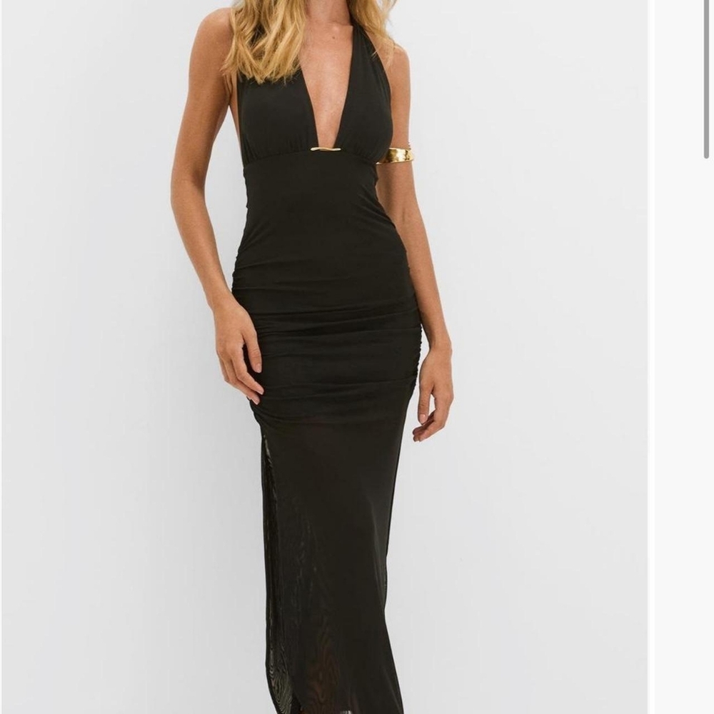 Caroline Constas Black Halter Plunge Mesh Dress & Gold Detail NWT